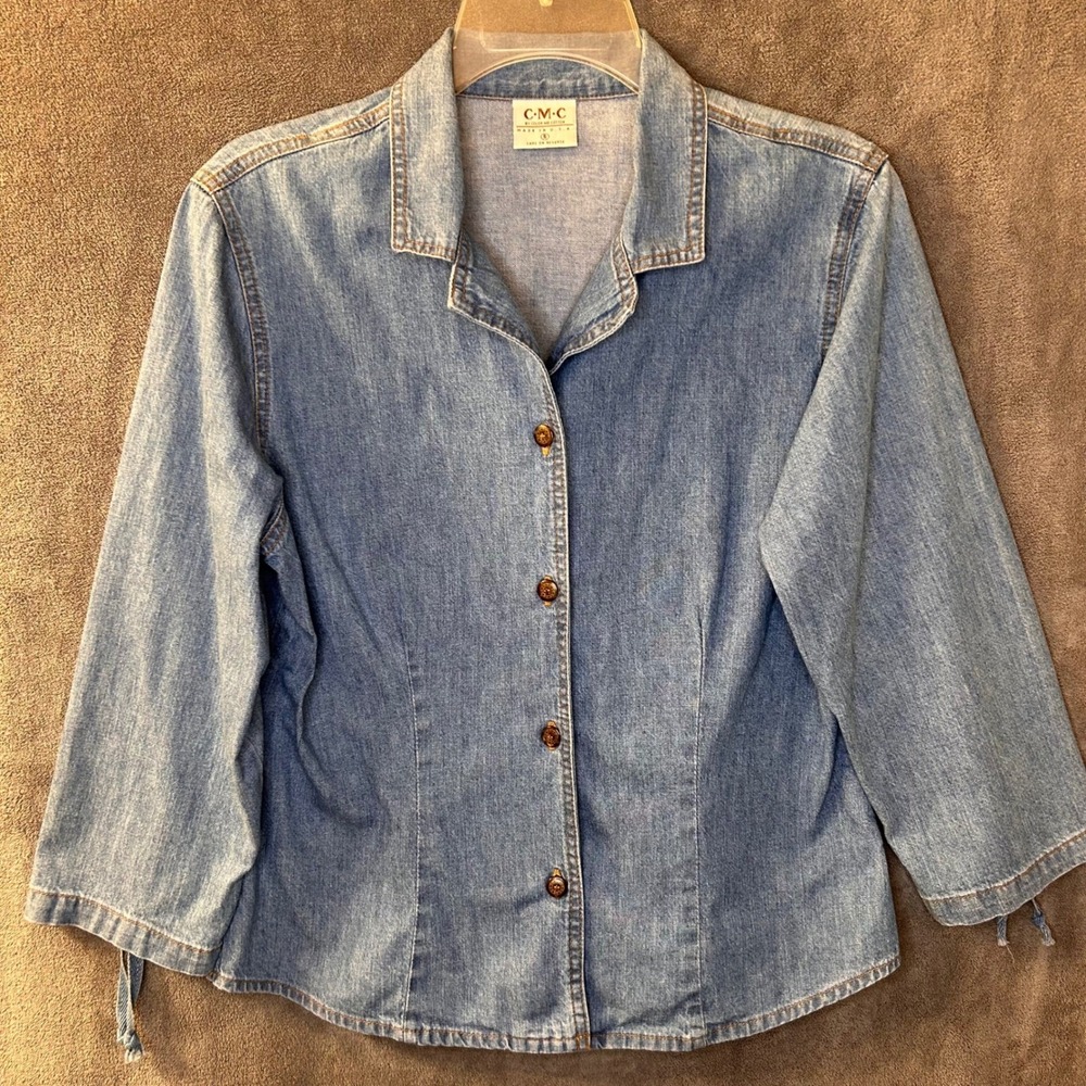 Vintage Denim Button Up Shirt Womens S 3/4 Sleeve Made in USA CMC Lace Up